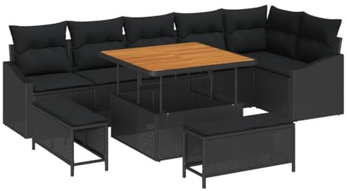 vidaXL Garten-Sofa-Set mit Kissen 9 pcs Schwarz Poly Rattan, Garten- und Terrassensofa-Set, rechteckig, modulare Form, verstellbare Füße, wetterfester, robuster Rattan-Stil