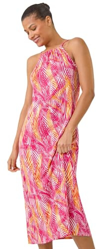 Roman Women Halterneck Midi Dress - Ladies Halter Neckline Maxi Spring Everyday Summer Holiday Sleeveless Soft Tie Waist Detail Keyhole Neck Gown Vacation Frocks - Pink Palm - Size 14