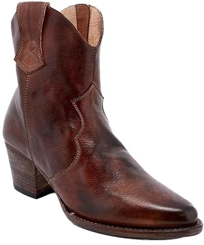 Stivali da cowboy in pelle da donna, stivali medi, punta a punta, tacco spesso, stivali da donna, stile etnico elegante, larghi comodi e antiscivolo, marrone, 39 EU