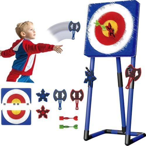 Axe Throwing Game Set, Throw & Lawn Dart Combo Backyard Game Set with 2 Six-star Darts, 2 Axes and 2 Darts, Dart Game Board Sturdy Frame for Outdoor, Family blue