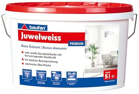 Baufan Juwelweiss 5l | strapazierfähig | für innen | edelmatt | airless spritzbar | Lösungsmittelfrei | Weichmacher frei | Bruchsicher verpackt