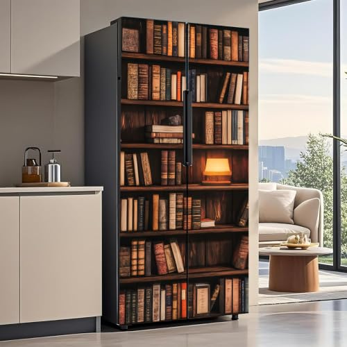 Nouiroy Large Vintage Bookshelf Refrigerator Wrap Sticker, Waterproof Removable Vinyl Fridge Decal 32.3 x 78.7 Inches Kitchen Rental Decor
