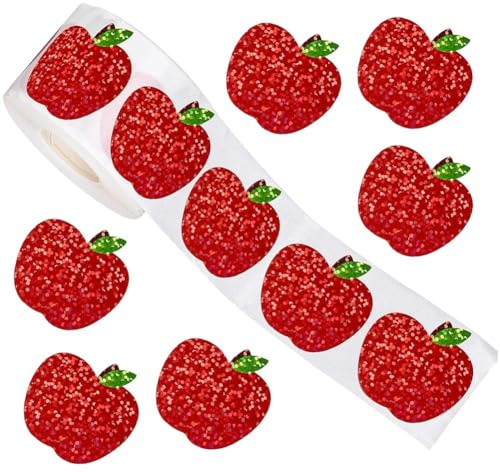 Bemvp -äpfel-aufkleberrolle, 500 Stück, Rote Äpfel, Obstaufkleber, Holografische, wasserdichte Aufkleber Für Thanksgiving, Babyparty, Lehrerbelohnung