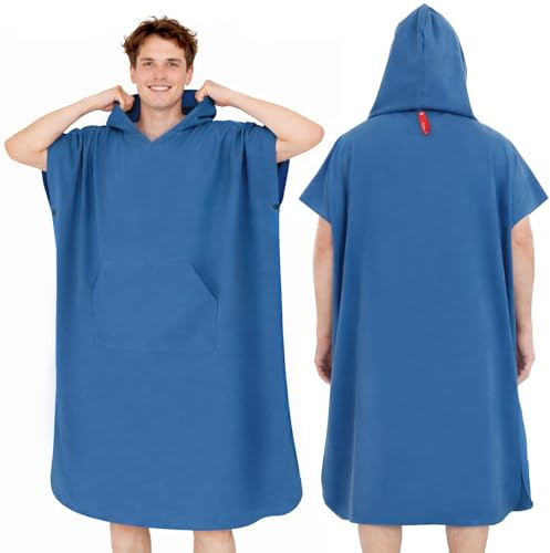 Asde PonDy Mikrofaser Badeponcho Unisex Damen Herren, Umziehhilfe & Handtuch, schnelltrocknend saugstark, Ultraleicht kompakt für Wassersport Surfen Strand Camping (Blau, L)