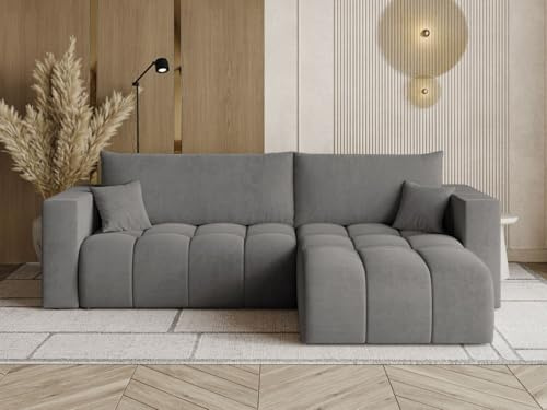 GRAINGOLD Neva L Ecksofa modern mit Bettfunktion, 280x170 cm, L-Form Sofa, Schlafcouch für Wohnzimmer, Velvet-Stoff, 3-Sitzer Eckcouch, Ecksofa mit Bettkasten (Dunkelgrau)