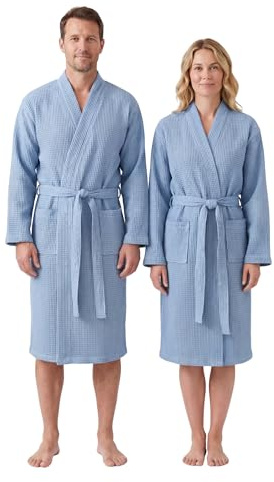 BOSKIMO Peignoir gaufré unisexe léger et respirant pour homme et femme, tissu gaufré doux, ceinture et 2 poches – Idéal pour piscine, maison, spa, hôtel, été, tailles S à XL, bleu, XL