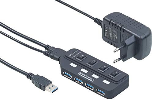 Xystec USB3 Verteiler: Aktiver USB-3.0-Hub mit 4 Ports, einzeln schaltbar, 2-A-Netzteil (USB Anschluss, USB Hub mit Schalter und Netzteil, Festplatten Umschalter)