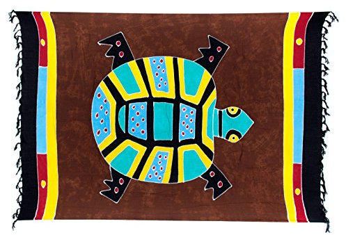 Kascha Sarong Pareo Wickelrock Strandtuch Tuch Wickeltuch Handtuch - Blickdicht - ca. 170cm x 110cm - Braun Bunt Batik mit Schildkröte Motiv Handgefertigt inkl. Kokos Schnalle in Rauteform