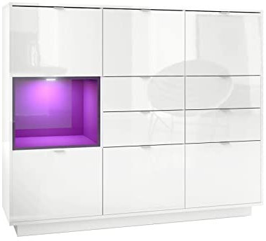 Vladon Highboard Sideboard Metro V2, Made in Germany, Korpus in Weiß Hochglanz/Fronten in Weiß Hochglanz mit Einsatz in Brombeer Hochglanz, inkl. LED Beleuchtung