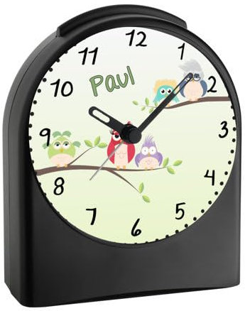 CreaDesign, WU-50-1026, Eule, analog Kinderwecker schwarz, Funkwecker ohne Ticken, mit Licht, personalisiert mit Namen, 9,6 x 5,5 x 11,9 cm, 104 g