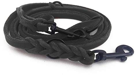 Fettleder Führleine 3-Fach verstellbare Lederleine geflochten für Hunde 96 Modelle zur Auswahl (2,40m x 15mm, schwarz, schwarz Matte Haken)