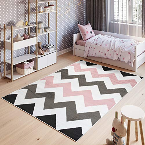 TAPISO Pinky Teppich Kurzflor Kinderteppich Kinderzimmer Rosa Weiß Schwarz Modern Geometrisch Zig Zag Streifen Spielteppich ÖKOTEX 200 x 300 cm