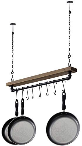 MyGift Estante para ollas de techo o pared con estante rústico de madera maciza marrón y tubo de metal negro mate industrial, organizador de utensilios de cocina colgante con 8 ganchos en S