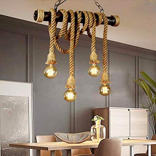 Retro Lampada A Sospensione Corda Di Canapa Industria Luci Pendenti E27*4 Fiamme Lampadario Regolabile in Altezza Handwoven Interno Vivente Ciondolo Ristorante Bar Illuminazione Decorativa Lampadario
