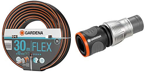 Tubo da giardino Comfort FLEX 13 mm (1/2) - 30 metri & Gardena 18255-20 Premium Raccordo per Tubo da 13 ;mm 1/2 15 ;mm 5/8, Adattatore per Rubinetti, Antigelo