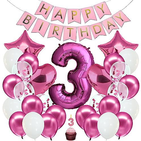 envami® Geburtstagsdeko Mädchen Pink Zahl 3. Happy Birthday Deko Geburtstag Mädchen Folienballon 3 Luftballon 3. Geburtstag Kindergeburtstag Deko 3.