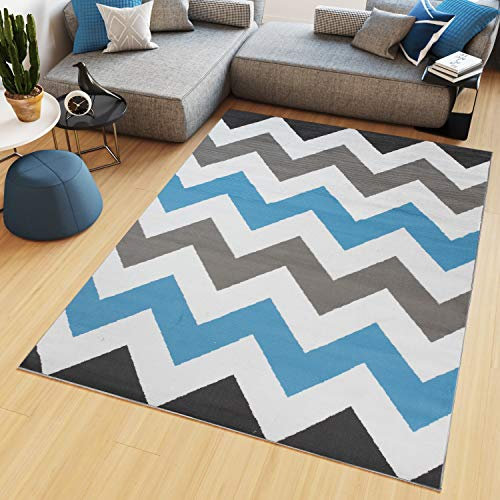 TAPISO Maya Kollektion Teppich Kurzflor Grau Weiß Blau Modern Geometrisch Zig Zag Streifen Gestreift Design Wohnzimmer Schlafzimmer ÖKOTEX 250 x 350 cm