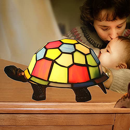 BOTOWI Tiffany Stil Tischlampe, Buntglas Akzent Schreibtischlampe, Schildkröte Nachtlicht, Kindergartenlampe Nachtlicht, E12 / 14, Mehrfarbig,Multi Colored