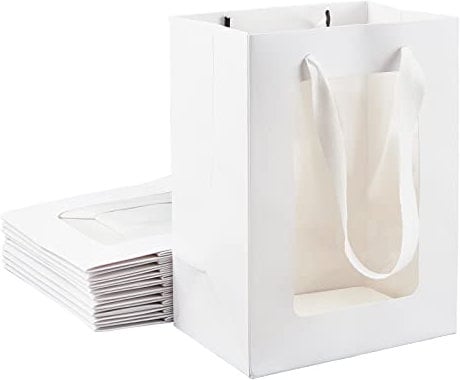 BENECREAT 10 Paquets de Sacs en Papier Kraft Blanc avec fenêtre 20x15x10cm Sacs-Cadeaux avec fenêtre Transparente pour Noël Halloween Bonbons Emballage Cadeau