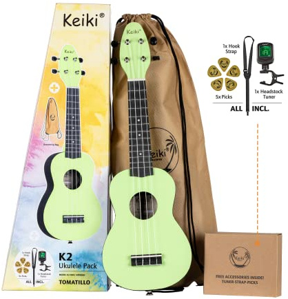 Ortega Guitars Keiki Akustik Sopran-Ukulele - Agathis Hellgrün, K2-TMO | Nylonsaiten, Agathis-Decke Satin Finish, leicht gewölbter ABS-Korpus Schwarz, inkl. Zubehör