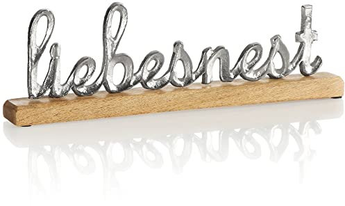 com-four® Deko Aufsteller liebesnest - Schriftzug aus Metall im Kreis aus Mangoholz - Deko-Schriftzug zum Hinstellen - 40,5x12,5x5cm (silberfarben - LIEBESNEST)