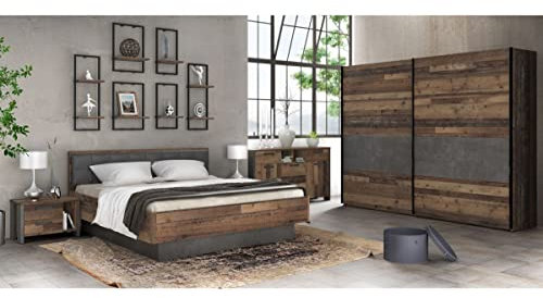 expendio Schlafzimmer Cedric 94A Old Wood Vintage 5-teilig Doppelbett 180x200 mit 2X Nachtkonsole Schwebetürenschrank Kommode