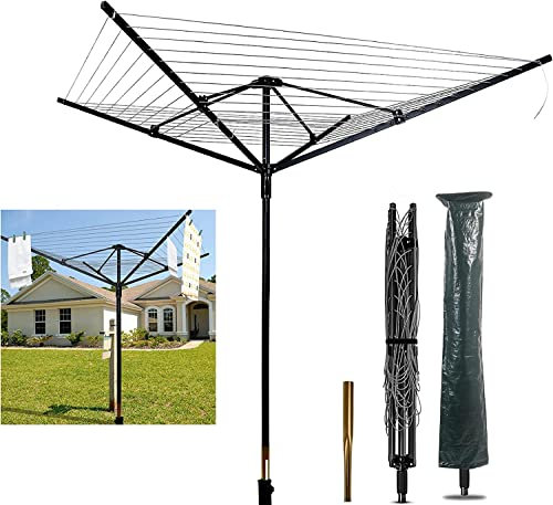 tonchean Whirlygig - Tendedero giratorio de 50 m, resistente, con estaca y cubierta, 4 brazos plegables para exteriores, tendedero giratorio para jardín, color negro