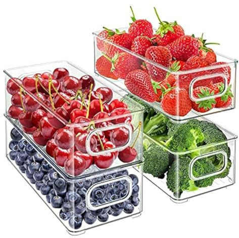 BIWHALE Fridge Organiser Set of 4, Stackable Storage Box, Small Refrigerator Organizer Bins with Handles for Kitchen, Freezer, Pantry, Cupboards - Clear BPA-Free Storage Container
