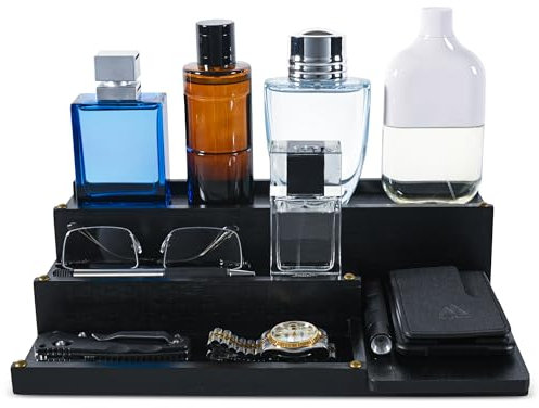 Manzano Essentials Organizer in legno per colonia da uomo, in bambù, a 4 ripiani, con 2 scomparti nascosti, porta profumi, organizer per comò, vassoio per cameriere, organizer EDC, nero