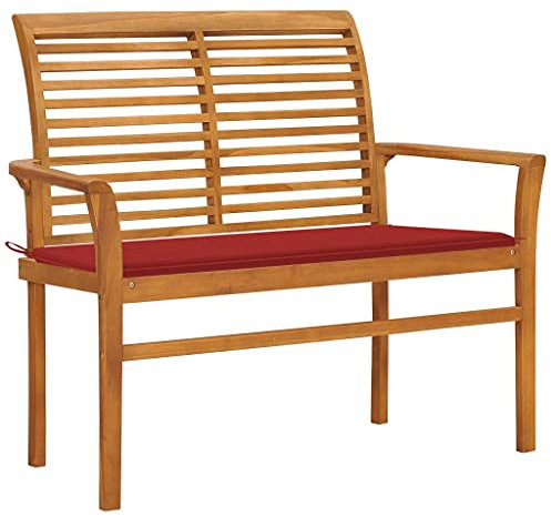 KRHINO Gartenbank Friesenbank, Parkbank, Gartenbank mit Roter Auflage 112 cm Massivholz Teak Gartenmöbel für Balkon, Terrasse & Garten Rot