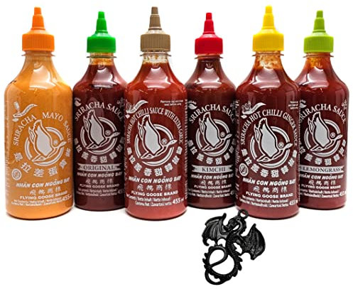 Sriracha Lot de 6 sauces au piment chaud de différentes variétés 6 x 455 ml de sauce piment avec pendentif dragon esnado
