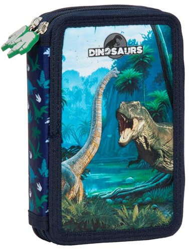 Ragusa-Trade Dino Dinosaurier T-Rex Tyranussaurus Rex, 2-Fach Federtasche Federmappe, 27 TLG. gefüllt (17) für Kinder Jungen Mädchen, blau, 21 x 12 x 4 cm