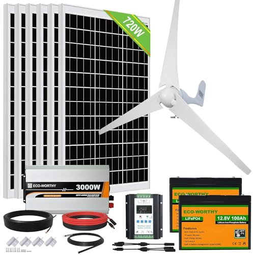 ECO-WORTHY 4,6 kW/Giorno Kit Eolico Solare 1160W 12V: Generatore Turbina Eolica 400W + 6 Pannelli Solari 120 W + Inverter da 3000W 24V + 2 Batterie LiFePO4 100AH per Sistemi Indipendente Dalla Rete