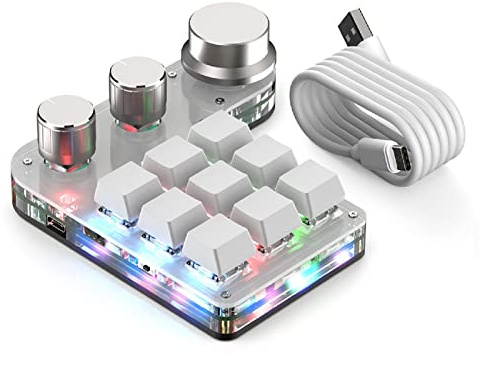 ASHATA Mini Clavier à 9 Touches, Clavier Macro de Programmation rétroéclairé RVB à 3 Boutons pour Logiciel de Jeu sur Ordinateur, Copier-Coller personnalisé et Touches de Raccourci (Blanc)