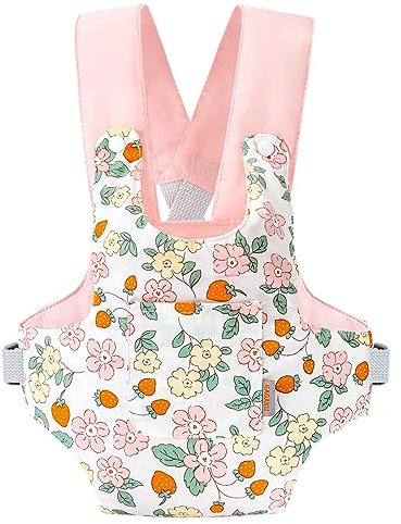 GAGAKU Puppentrage für Kinder Puppen Bauchtrage Puppen Tragesitz Puppenzubehör mit Verstellbaren Trägern - Rosa - Erdbeerblüten