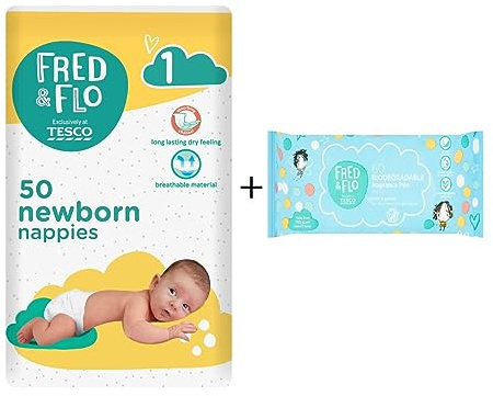 Fred & Flo Size 1 Newborn Nappies 50 Pack + 60 Fragrance Free Baby Wipes