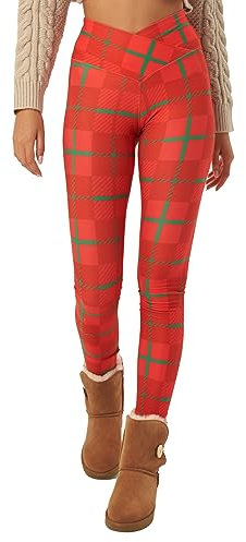 sissycos Weihnachten Crossover Leggings für Damen, 3D Druck Bunte Leggings Comic Damen Yoga Fitness Hosen Damen Drucken Sporthose, Leggings für Party(Weihnachten Kariert Rot,L)