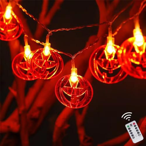 XVZ Halloween Lichterkette, 4m/13ft Halloween Kürbis Lichterkette mit 20LED, 8Modi, Fernbedienung & USB, Herbst Lichterkette mit Timer für Halloween Innen Außen Party Deko - Gelber Kürbis