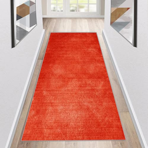 Siunwdiy Einfarbig Teppichläufer rutschfest Läufer Flur Küchenteppich Rot-Orange Waschbar Meterware Schlafzimmer Korridor Teppich Lang, Länge Anpassbare, 40/50/60/70/80/90/100cm Breit,50x180cm