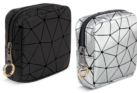 2 Pièces Trousse Maquillage Femme Petit Mini Pochette Rangement à Maquillage Kit Voyage Produit Trousse de Toilette en PU Cuir Imperméable Cadeau pour Femme Fille Enfant Anniversaire(Noir&Argent)
