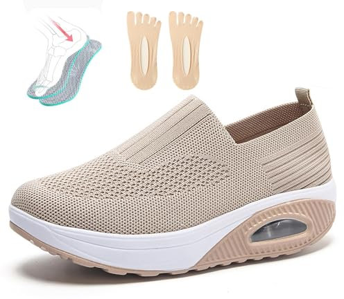 PTKG Orthopädische Schuhe Damen Sommer Sneaker, 2023 Neu Luftpolster Mesh Diabetiker Turnschuhe Mit Luftkissen, Weich Bequeme Slip on Walkingschuhe Sandalen Sportschuhe,Beige,38EU