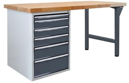 Steinbock Werkbank mit 6 Schubladen | 500 kg Tragkraft | HxBxT 85 x 150 x 75 cm | Anthrazitgrau | 5 cm Starke Massivholz-Arbeitsplatte | stabiles Stahlgestell | Made in EU | Profi-Werktisch