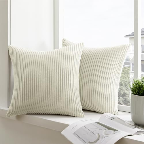mosayt Kissenbezug 65x65 beige Weiß 2er Set Cordsamt gestreiftes Muster Kissenbezüge Dekokissen Sofakissen Couchkissen Deko Kissenhüllen für Wohnzimmer Sofa Groß Kissen