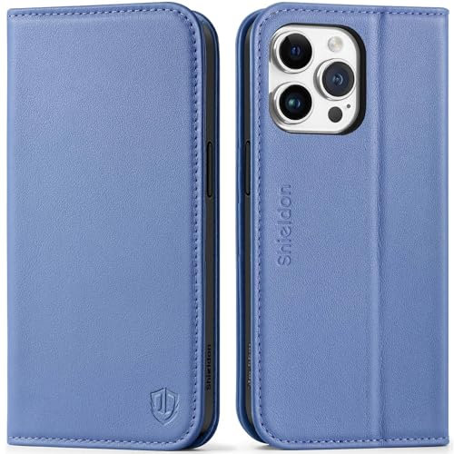 SHIELDON Hülle für iPhone 15 Pro Max 5G Handyhülle [Echtleder] [Kartenfach] [Ständer] [RFID-Blocker] [Magnet] Stoßfeste Klapphülle Handy Wallet Card Holder Kompatibel mit iPhone 15 Pro Max Blauregen