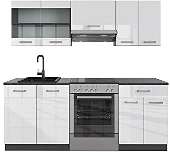 Vicco Küchenzeile R-Line, Weiß Hochglanz/Anthrazit, 200 cm, AP Anthrazit