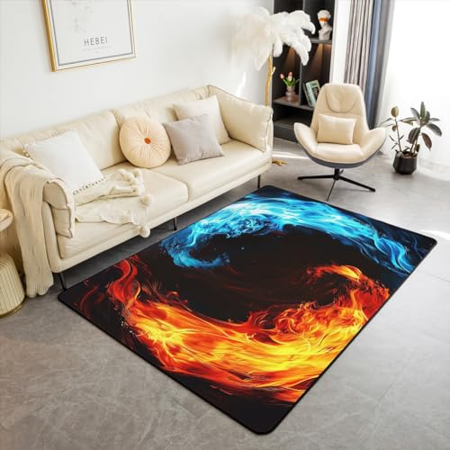 Eis Feuer Teppich 100Bx150L,Goldene Flamme Bedruckte Fläche Teppich,Flamme Vortex Indoor Bodenmatte für Jungen Teens,Moderne Abstrakte Kunst Dekorative Teppich,Rot Blau Schwarz,Spielzimmer Dorm Büro