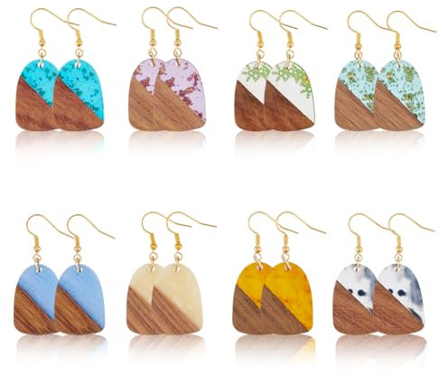 UNICRAFTALE 8 Paar Baumelnde Kunstharz Ohrringe Holz Bohemian Stil Vintage Stil Geometrische Boho Ohrringe Geschichtete Holzohrringe Für Damen