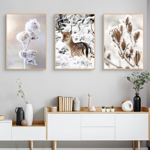 Viusneun 3er Poster Set, Premium Leinwandbilder Winter Wandposter Aesthetic Hirsche Wandbilder für Wohnzimmer Schlafzimmer Ohne Rahmen (30 x 40 cm)
