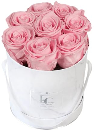 EG EMMIE GRAY Classic Infinity Rosebox | Round | S | Marble Silver – 9 ± 1 Infinity Rosen mit langjähriger Haltbarkeit, echte Rosen die bis zu 3 Jahre blühen, konservierte Rosen (Bridal Pink)