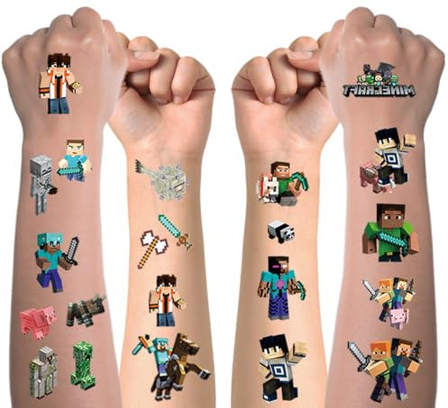 Tattoo Kinder, 8 Blätter Minecraft Temporäre Tattoo Set für Mädchen Jungen Schultüte Füllung Kindertattoos Wasserdicht für Geburtstagsgeschenke Kindergeburtstag Mitgebsel Festival Party Deko